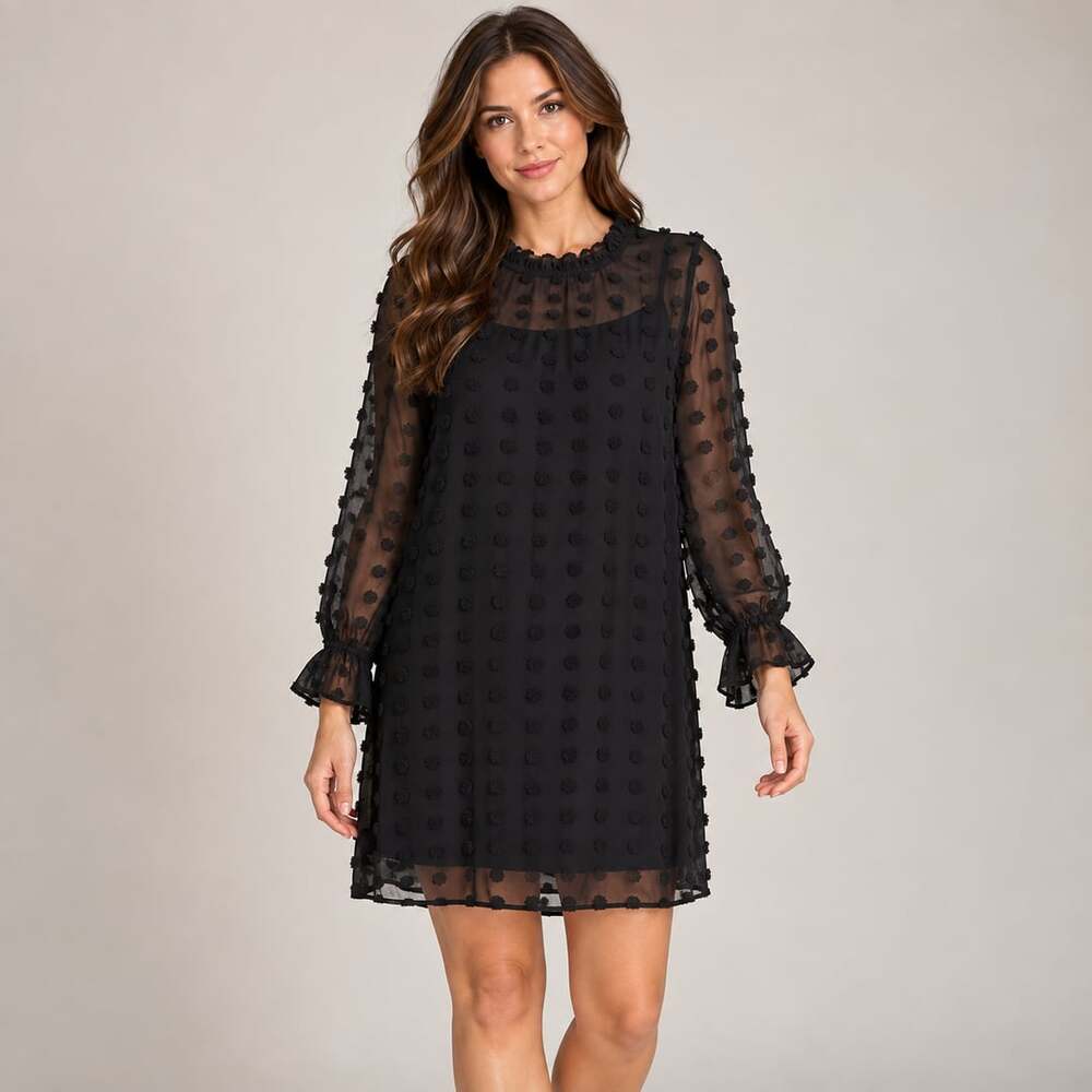 Adibosy Women XL Black Swiss Dot Chiffon Mini Dress Sheer Sleeve Romantic